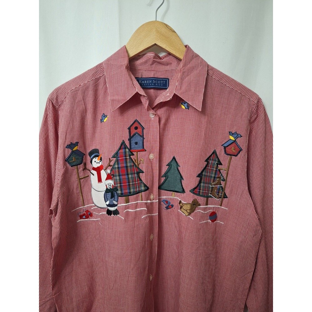 Vintage Christmas Shirt Women M Gingham Plaid Long Sleeve Cotton Cottage Teacher